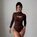 Women's Ribbed Hollow Out Slim Fit Bodysuit European American Style Semi High Neck Long Sleeved Top Comfortable Inner Layer For Autumn Winter_ecoleips.com