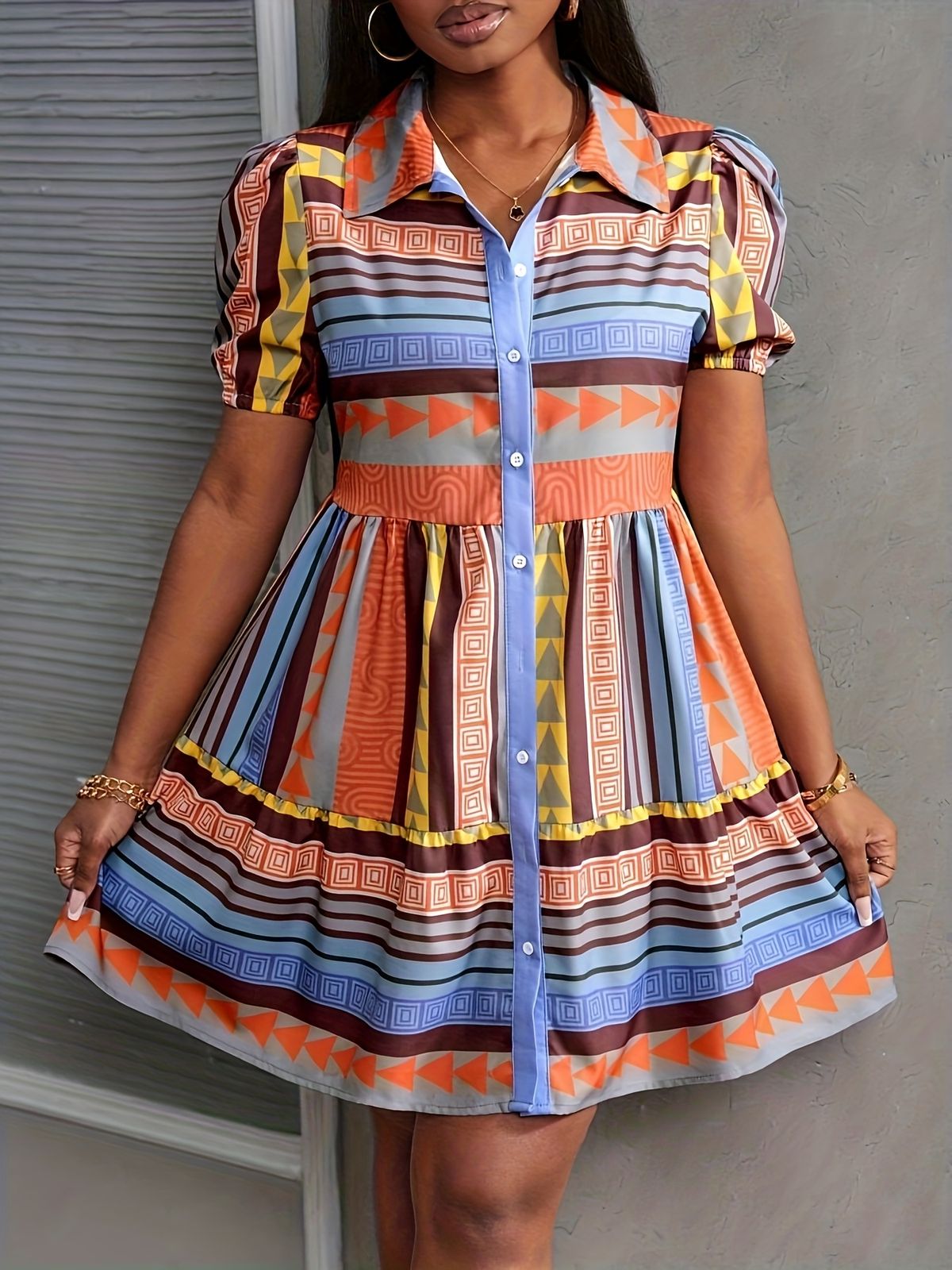 Summer Princess-Sleeve Geometric Print Shirt Dress, Suitable For Casual Vacations, Office Commutes, And Daily Home Wear_ecoleips.com