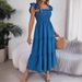 Women's Clothing Solid Color Square Collar Ruffled Waist A Line Long Skirt_ecoleips.com