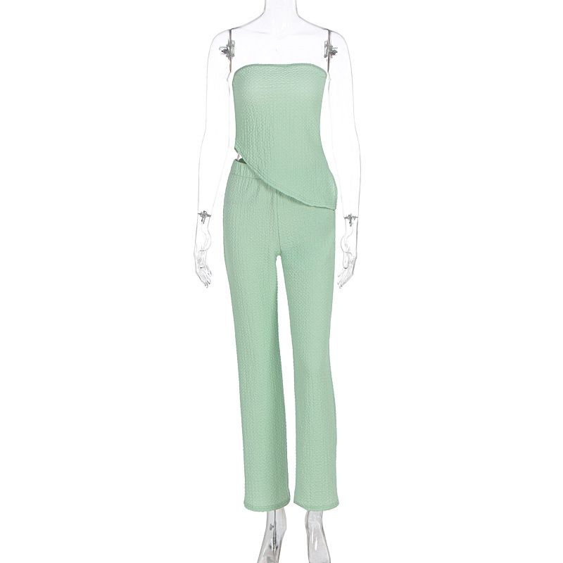 New Arrival Women Fashion Sexy One-shoulder Bandeau Asymmetric Top Slim Long Pants Two Piece Dress Outfit Set_ecoleips.com