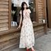2025 French-style Floral Lace-up Dress, New Summer Short-sleeve Waist-cinching Long Dress For Seaside Vacations_ecoleips.com
