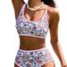Women's Clothing Bikini Set Floral Print 2 Piece Swimsuit High Waist Low Round Neck Swimsuit_ecoleips.com