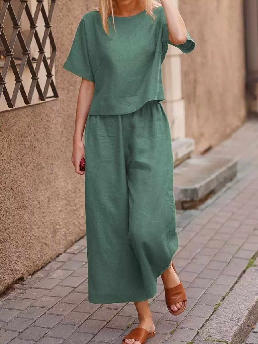 Women's Linen Two-Piece Suit Casual Loose Fit Solid Color European American Style Clothing Set for Spring Autumn_ecoleips.com