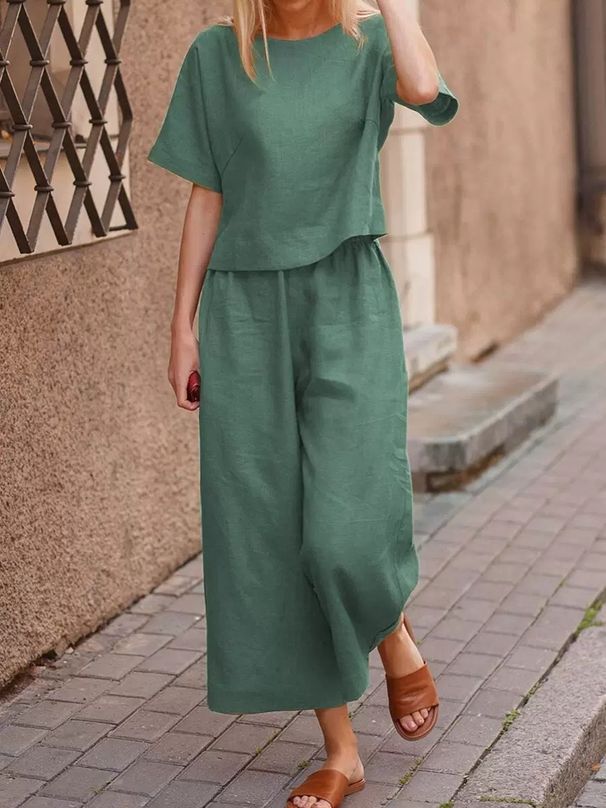 Women's Linen Two-Piece Suit Casual Loose Fit Solid Color European American Style Clothing Set for Spring Autumn_ecoleips.com