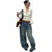 Women's Clothing Trendy Wide Leg Knife Pants Distressed Retro Blue Denim Fleece Lined Loose Curved Fit Street Style Washed Whiskered_ecoleips.com