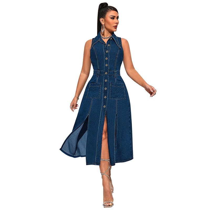 Women's Clothing Women's Denim Cardigan Sleeveless Slit Long Dress_ecoleips.com
