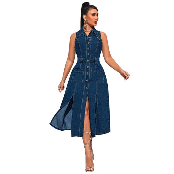 Women's Clothing Women's Denim Cardigan Sleeveless Slit Long Dress_ecoleips.com
