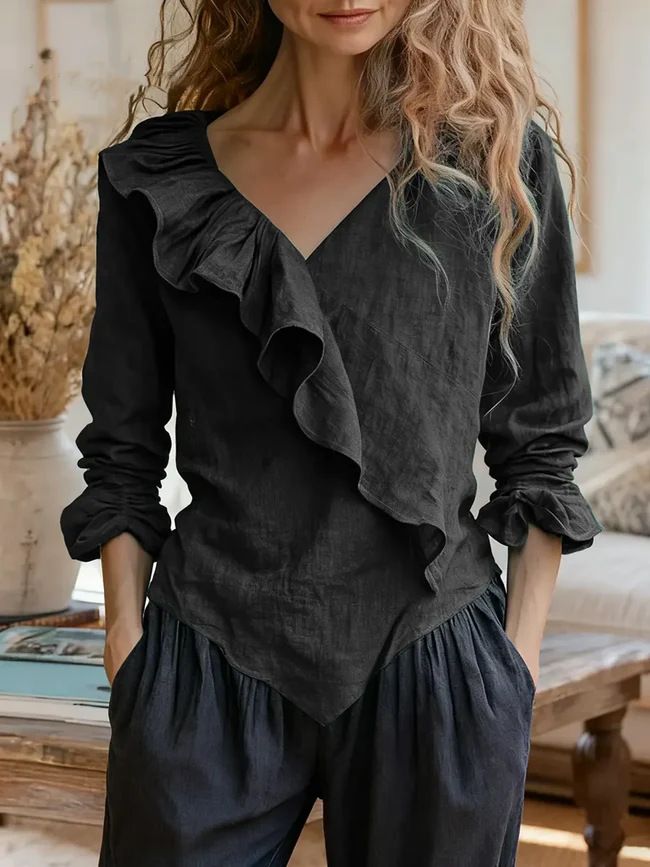 New Women's Solid Color V-neck Long Sleeve Casual Loose Ruffled Cotton And Linen Top_ecoleips.com