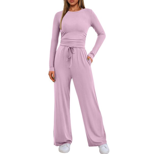 Women's Autumn Casual Suit Set Solid Color Long Sleeved Top And Pleated Waist Pants Relaxed Everyday Wear Versatile Comfortable Feshion Trend_ecoleips.com