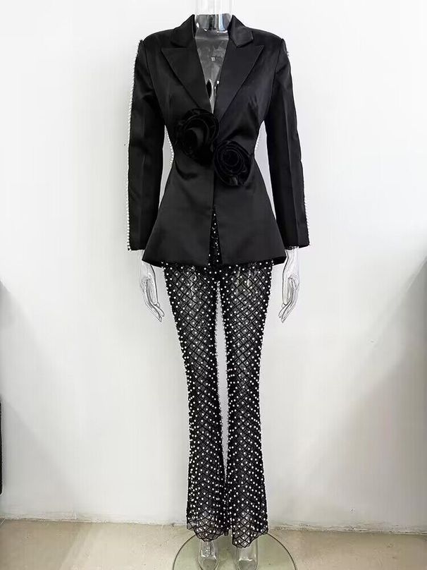 Women's Clothing New Style Hollow Beaded Three Dimensional Flower Suit Pearl Sequin Mesh Trousers Set_ecoleips.com