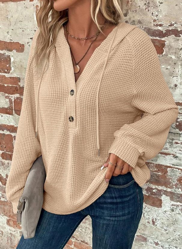 Women's Hoodie With Waffle Knit Design, Drawstring Button, V-Neck Long-Sleeve, Casual Sportswear_ecoleips.com