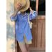 Women's Loose Casual Color Block Top Korean Style Collared Blue And White Striped Outerwear Shirt Autumn New_ecoleips.com