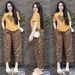 Women's Clothing Fashion Suit Summer Style Embroidered Heart Leopard Print Wide Leg Pants Short Sleeved Chic Two Piece Set_ecoleips.com