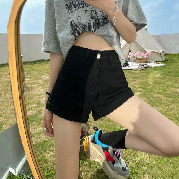 Black Rolled Hem Denim Shorts For Women 2025 Summer New High Waist Loose Slimming A-line Girl Wide Leg Hot Pants_ecoleips.com
