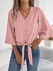 Women's V-Neck Button Front Knotted Hem Chiffon Blouse 3/4 Sleeve Casual Tops_ecoleips.com