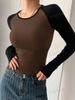 Slim Color Block T-Shirt, Casual Crew Neck Long Sleeve T-Shirt For Spring & Summer, Women's Clothing_ecoleips.com