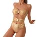 Women's Clothing Glossy Hollow Out One Piece Swimsuit With Gold Plated Round Buckle Decoration Suitable For All Seasons_ecoleips.com