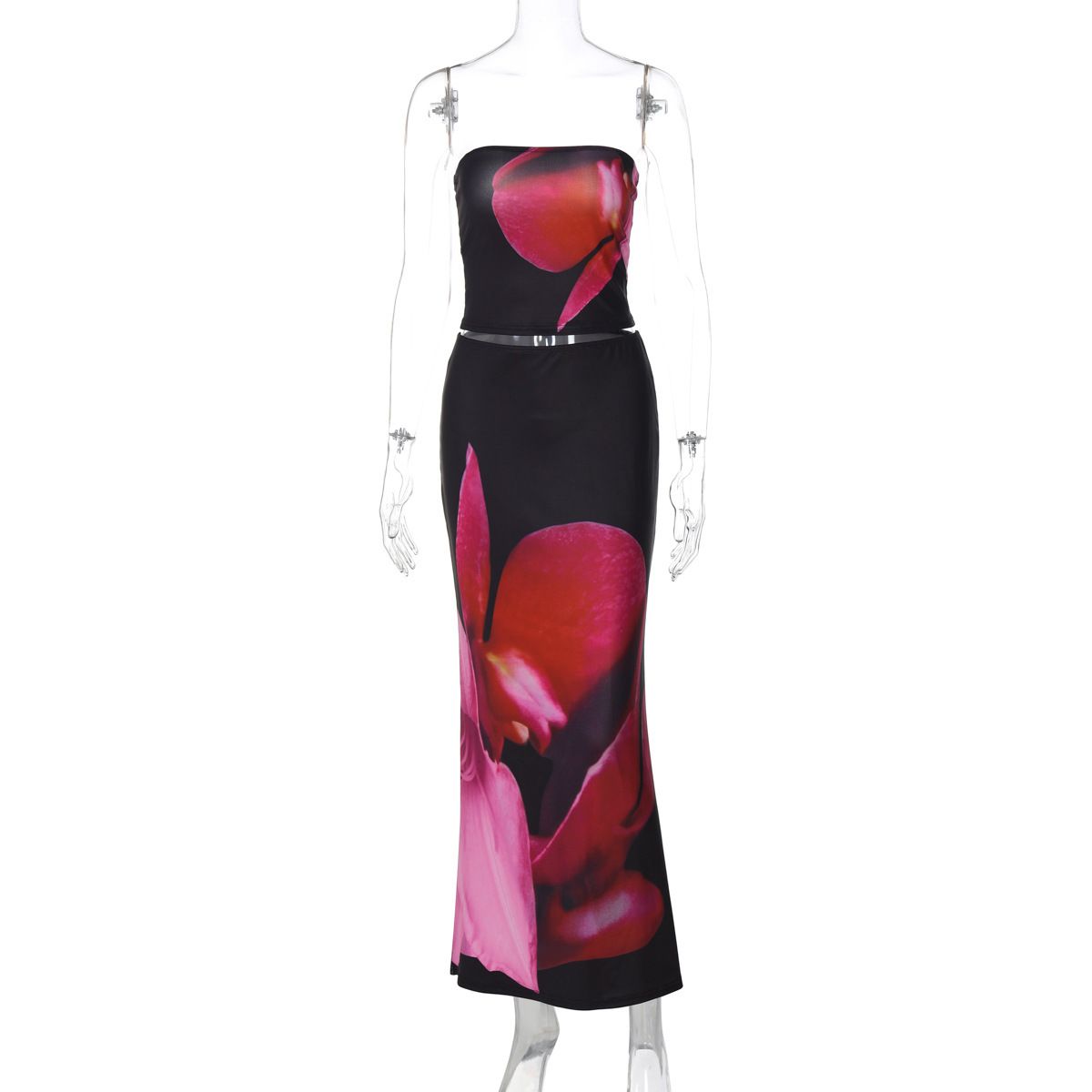 European American Women's Summer Fashion Print Design Long Dress Set Strapless Slim Sexy New 2025_ecoleips.com