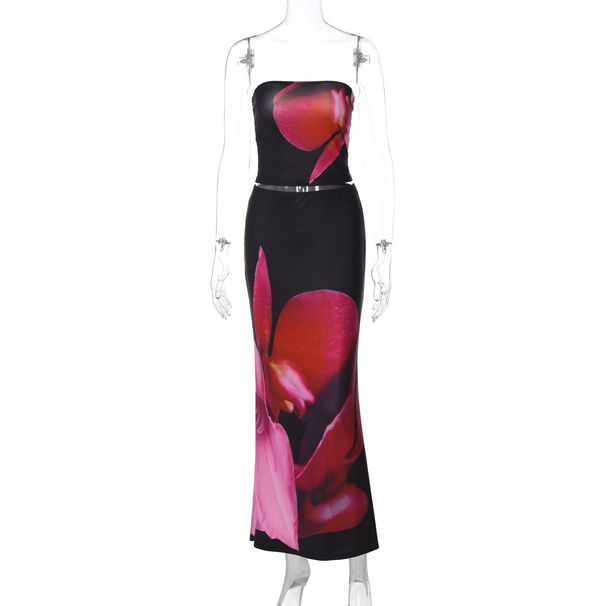 European American Women's Summer Fashion Print Design Long Dress Set Strapless Slim Sexy New 2025_ecoleips.com
