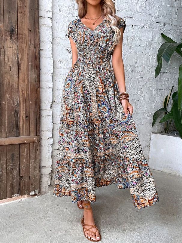 Elegant French Style Solid Color Cotton Maxi Dress Round Neck Short Sleeve Women's Spring Summer Resort Style Dress_ecoleips.com