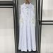 Women's Clothing Summer Blue And White Striped Five Leaf Flower Diamond Decoration Hollow POLO Collar Long Skirt Shirt Skirt 25291_ecoleips.com
