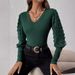 2026 Elegant Ribbed V-Neck Chiffon Patchwork Long Sleeve Solid Color T-Shirt Slim Fit Top For Women With Lantern Sleeves_ecoleips.com