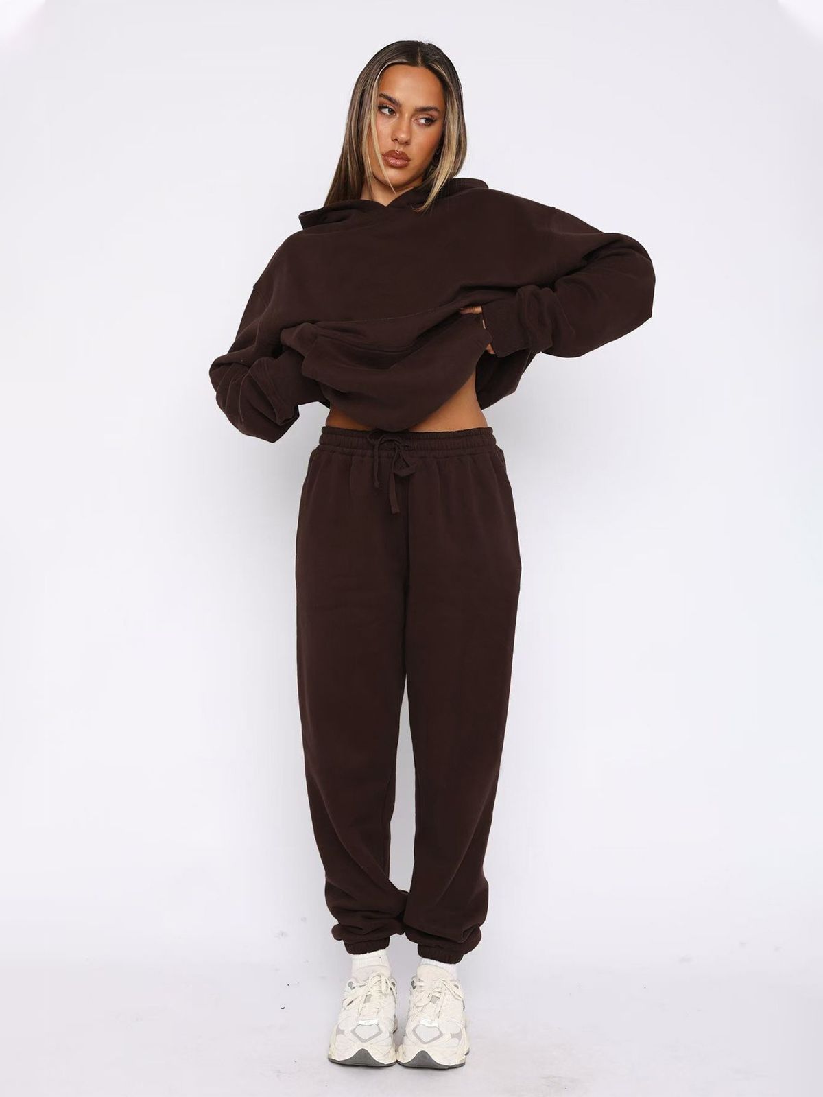 Women's Clothing Autumn And Winter Women's Plus Velvet Sports Loose Hooded Pullover Top Drawstring Trousers Casual Suit_ecoleips.com