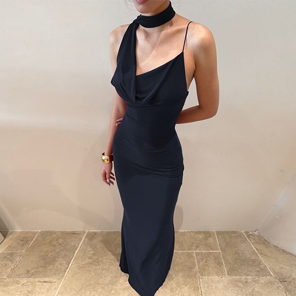 Elegant V-Neck Backless Dress – Slim Fit Winter Dress With Scarf For Women (Black/Burgundy/Dark Blue)_ecoleips.com