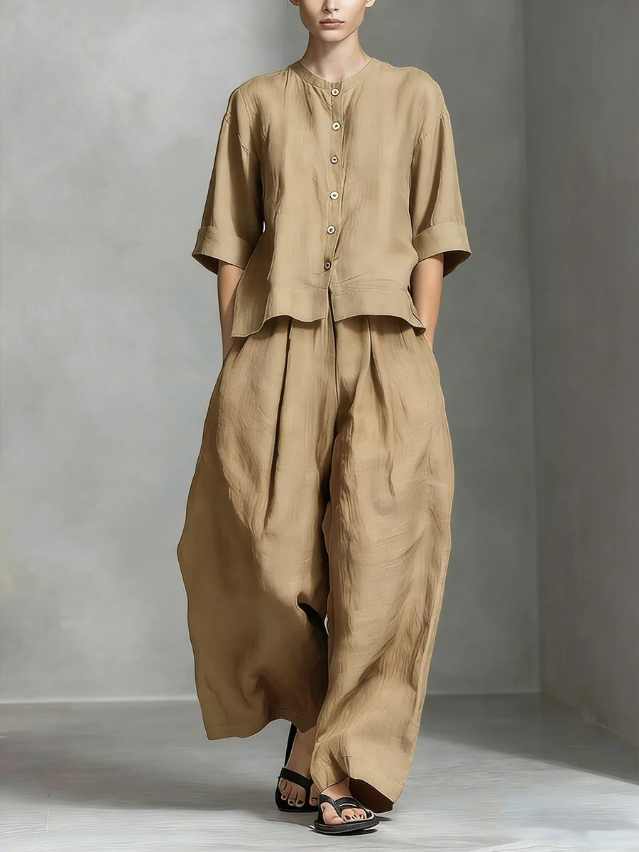 Women’s Casual Linen Shirt & Pants Set – Breathable Cotton Two-Piece Outfit For Spring & Summer_ecoleips.com