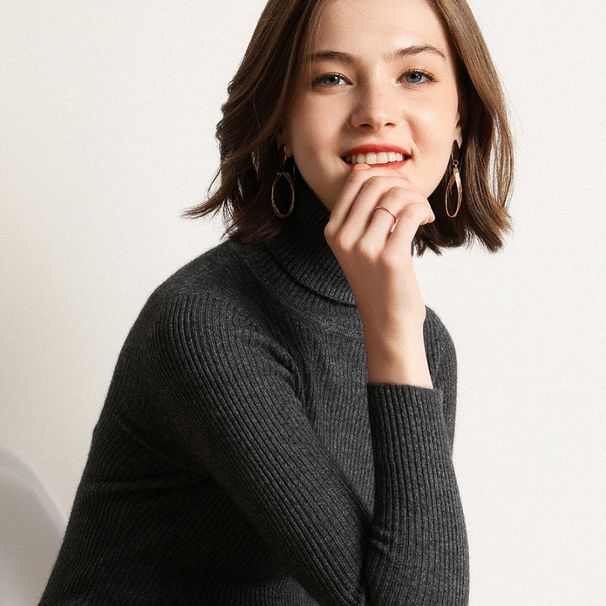 Women's Clothing High Neck Base Layer Sweater Slim Fit Long Sleeve Pullover Solid Color Elegant Autumn Winter Commute Sweater_ecoleips.com