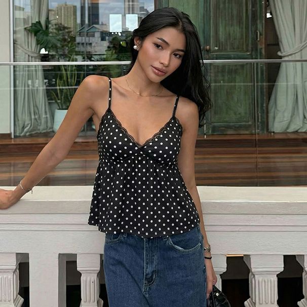 Women's Thin Lace Trimmed Camisole Fashionable Printed Vest Spring Summer Tank Top Regular Fit Polyester Hot Girl Style_ecoleips.com
