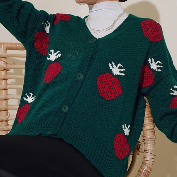 "Modest Muslim Knit Cardigan For Women – Embroidered Fruit Print, Polyester-Spandex Blend, Loose Fit Abaya Cover, Office & Prayer Outfit_ecoleips.com
