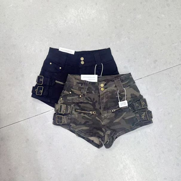 Women's Camo & Solid High Waist Cargo Shorts, Buckle Decor Multi Pocket Casual Hot Pants, Y2K Streetwear Slim Fit Short Bottoms For Daily Club Night O_ecoleips.com