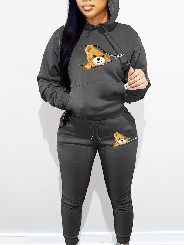 Women's Warm Hooded Zipper Print Sweatshirt with Cartoon Bear Design for Autumn/Winter Casual Street Dance Fashion Set with Sweatpants_ecoleips.com