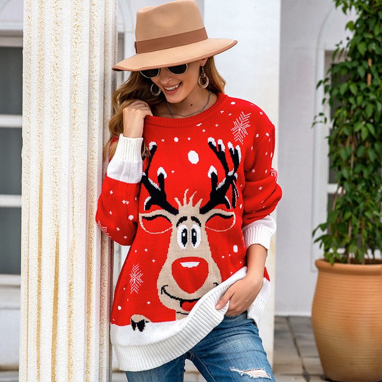 Cozy Christmas Reindeer Fair Isle Knit Sweater For Women - Oversized Pullover With Loose Fit, Long Sleeve, Red & Black (S/M/L/XL)_ecoleips.com