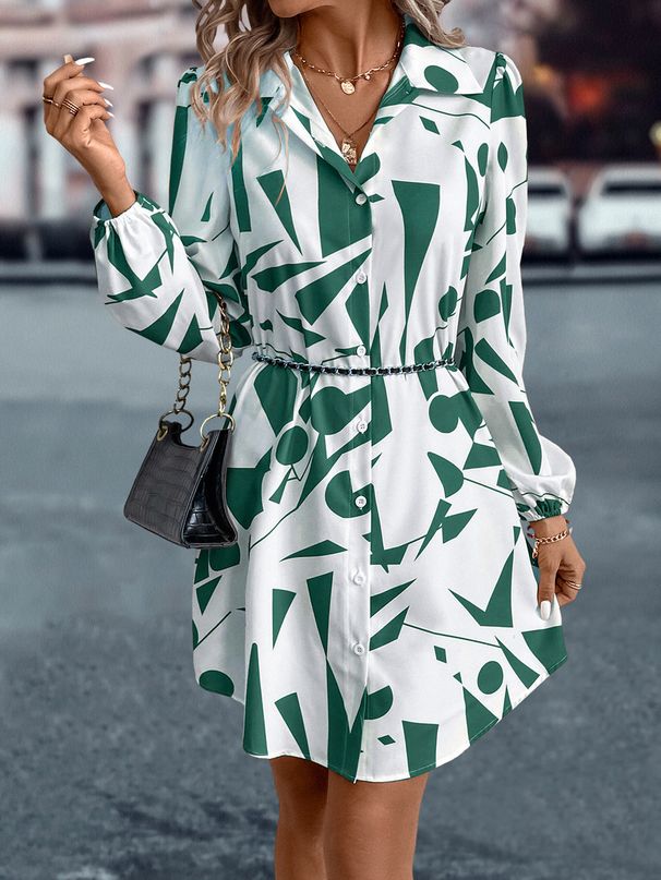 Fall Floral Print Blouse Dress With Lace Trim, Relaxed Fit Long Sleeve Shirt Dress For Casual Office Wear_ecoleips.com