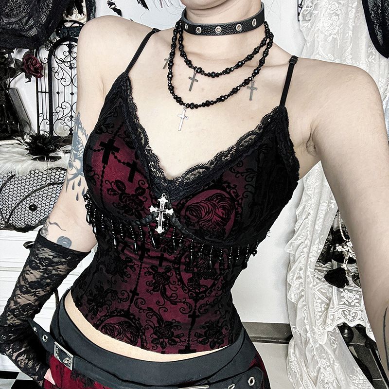 Women's High-End Cross Flocked Camisole Top Unique Streetwear Style XS25180_ecoleips.com