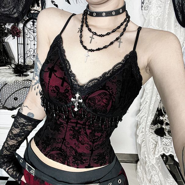 Women's High-End Cross Flocked Camisole Top Unique Streetwear Style XS25180_ecoleips.com