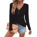 Autumn/Winter Women's Waffle-Grid V-Neck Buttoned Plain-Color Long-Sleeve T-Shirt_ecoleips.com