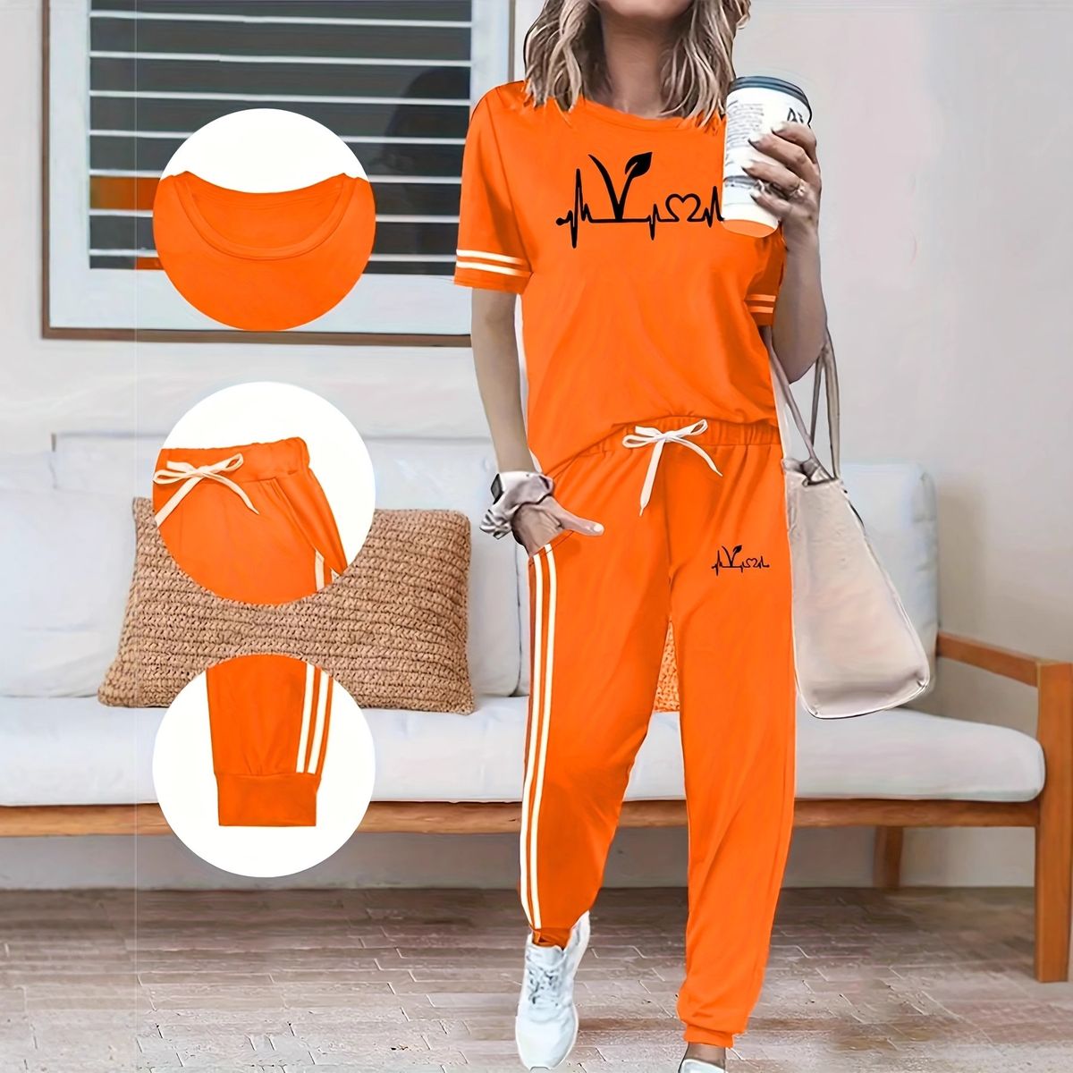 Women's Clothing Spring Summer Two Piece Set Round Neck Short Sleeve High Waisted Side Pocket Pants_ecoleips.com