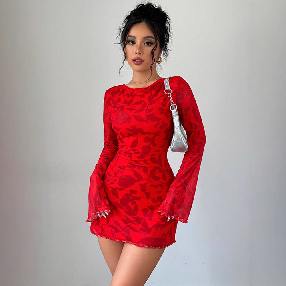 Women's Clothing New Red Sexy Backless Waist Tie Printed Short Skirt Flared Sleeves_ecoleips.com