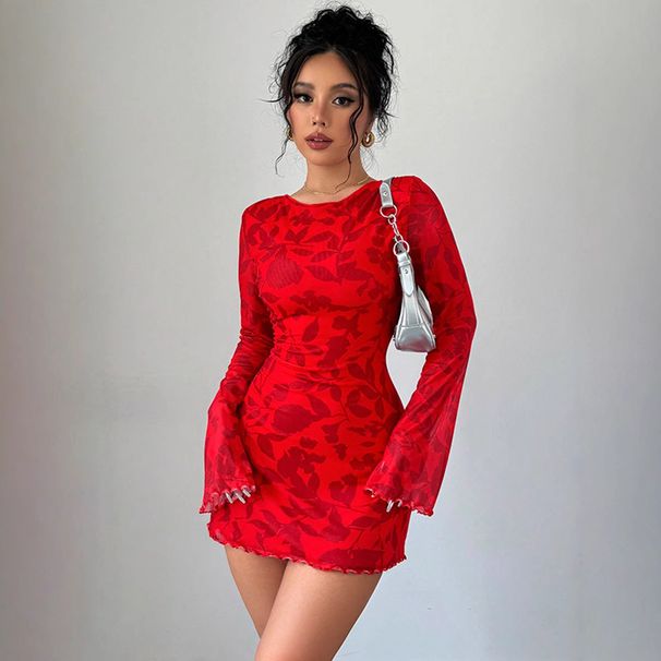 Women's Clothing New Red Sexy Backless Waist Tie Printed Short Skirt Flared Sleeves_ecoleips.com