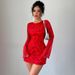 Women's Clothing New Red Sexy Backless Waist Tie Printed Short Skirt Flared Sleeves_ecoleips.com