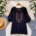 Women's Bohemian Style Embroidery Blouse with Tie Waist Korean Commuter Style Lantern Sleeve Loose Fit Slimming Versatile Top_ecoleips.com