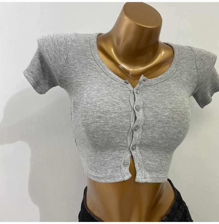 Women's Sweet And Spicy Style Fitted Short Sleeve T-Shirt Korean Fashion Cardigan High Waist round Neck Elegant Base Layer 2021_ecoleips.com