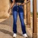 Gothic Revival Low-Rise Flared Jeans – Embroidered Pockets & Distressed Hem (Dark Blue) – Cotton Blend Stretch Denim For Dark Academia & Streetwear_ecoleips.com