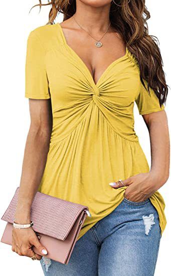 Women's Clothing V Neck Twist Front Shirt Short Sleeve Elegant Casual T Shirt Solid Color Pullover Top_ecoleips.com