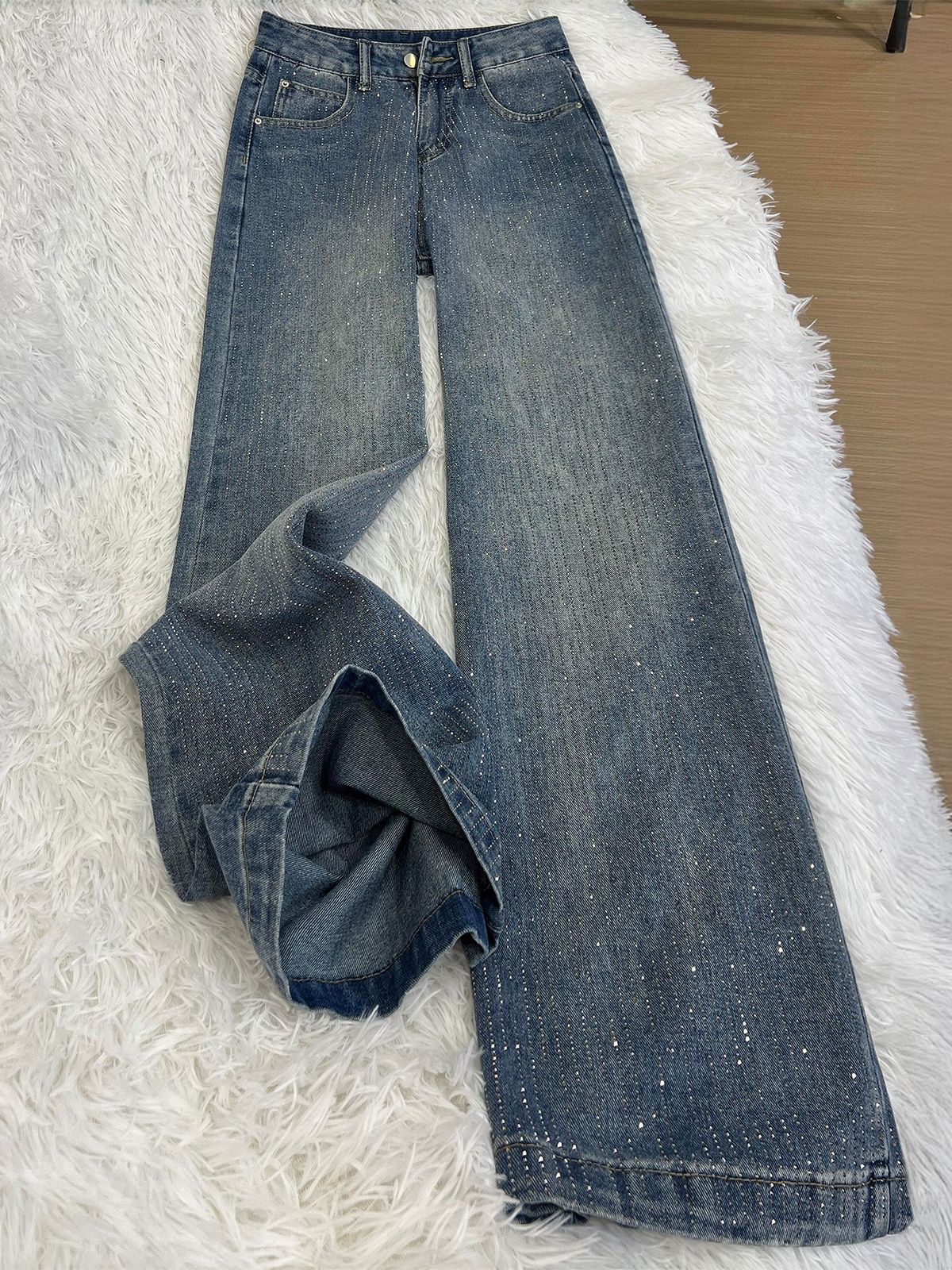 Retro High Waist Wide Leg Jeans For Women Sparkly Rhinestone Embellished Loose Straight Denim Floor Length Casual Solid_ecoleips.com