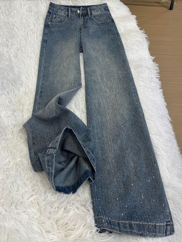 Retro High Waist Wide Leg Jeans For Women Sparkly Rhinestone Embellished Loose Straight Denim Floor Length Casual Solid_ecoleips.com
