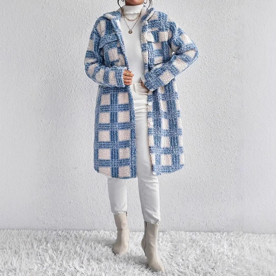 Women's Autumn/Winter Flap Pocket Plaid Coat Thick Mid-Length Outerwear Blue And White Checkered Design_ecoleips.com